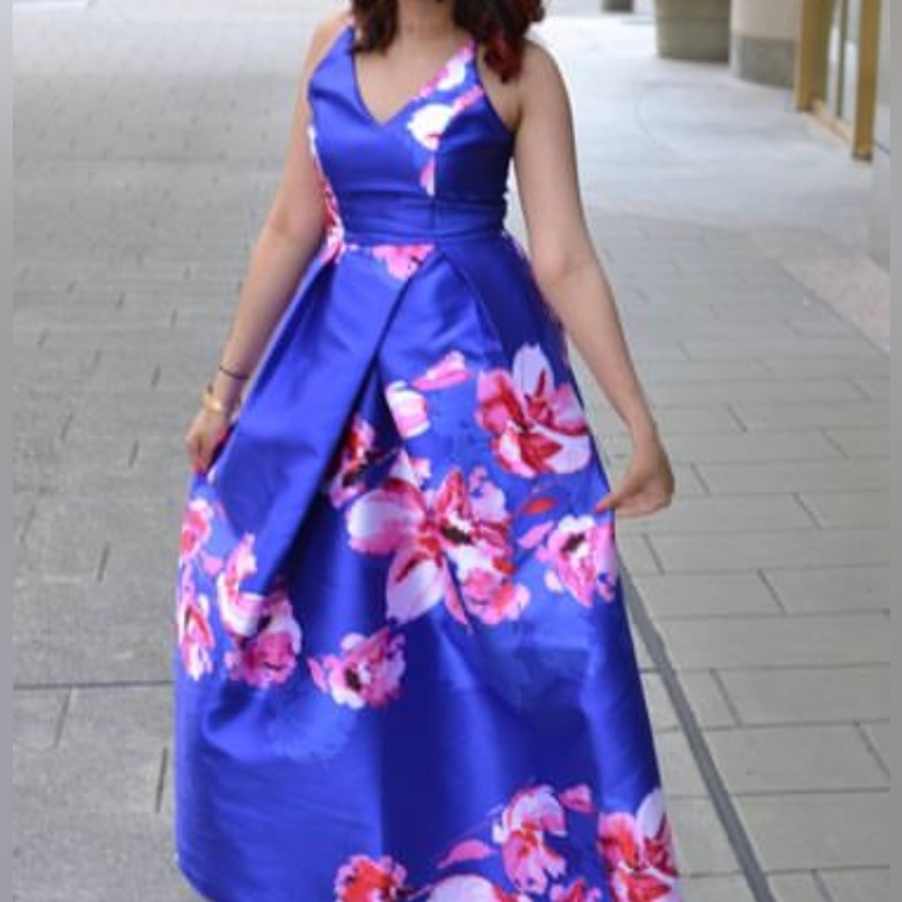 Beautiful royal blue, floral, elegant prom ball or gown dress.